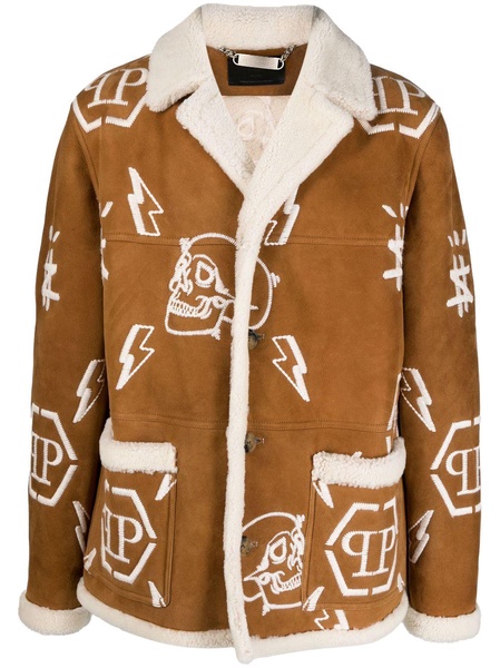 logo-embroidered suede coat