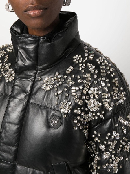 crystal-embellished leather puffer jacket