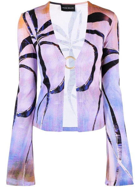 botanical-print ribbed cardigan 