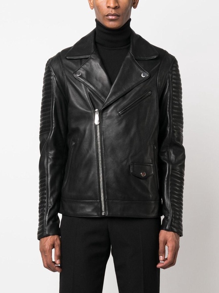 embossed-logo padded leather biker jacket