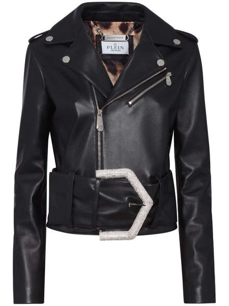 buckled faux-leather biker jacket