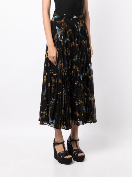 bird-print pleated midi skirt