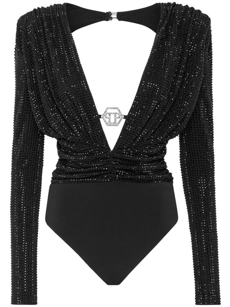 rhinestone-embellished V-neck bodysuit