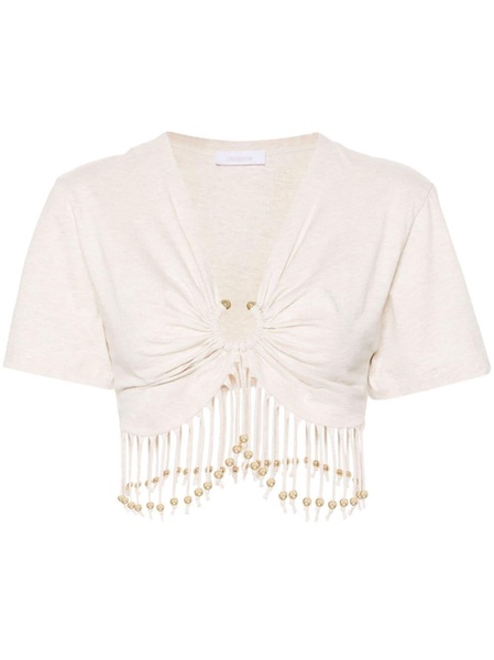 Fringed beaded cotton jersey crop top