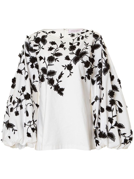 floral-embroidered puff-sleeve cotton blouse