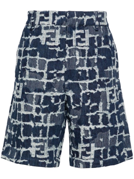 Blue Bermuda Shorts with FF Print in Cotton and Linen Man