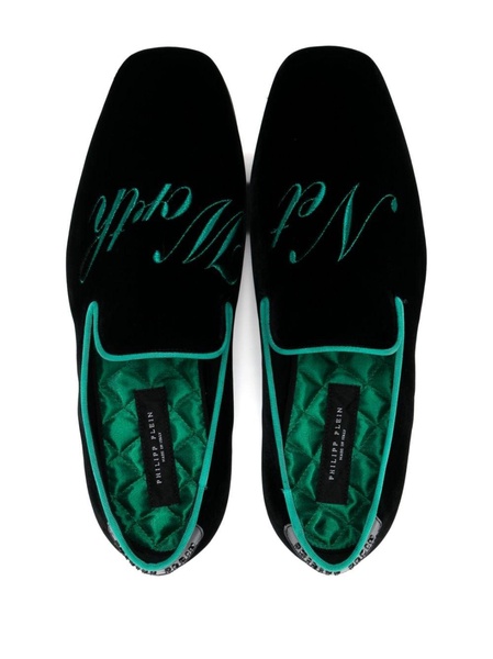 slogan-embroidered velvet loafers