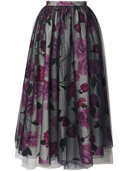 tulle-overlay floral-print midi skirt