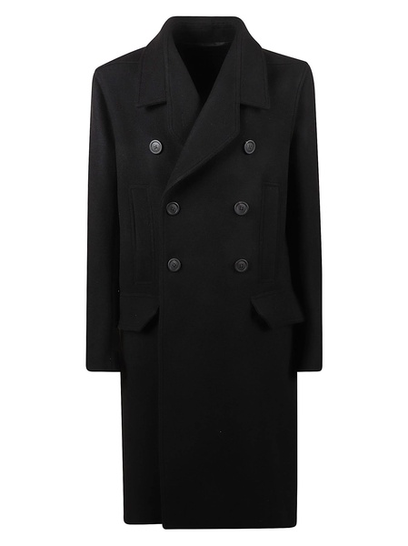 Black Double-Breasted Coat With Wide Revers In Wool Man