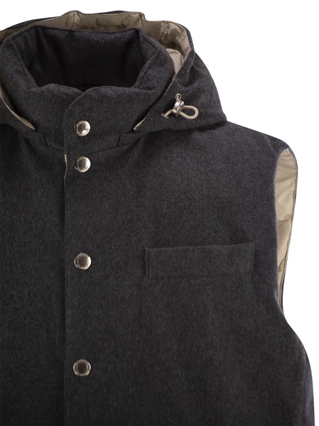 Brunello Cucinelli Sleeveless Down Jacket In Membraned Wool Flannel With Detachable Hood