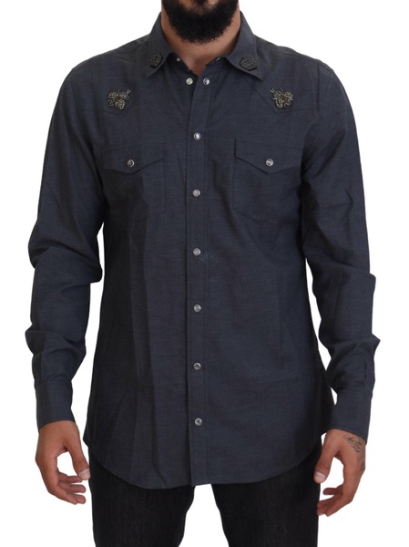 Dolce & Gabbana Blue Cotton Denim Crystal Bee Shirt