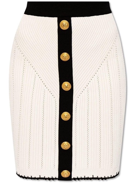 Balmain Bicolor Knit Midi Skirt With Embossed Buttons