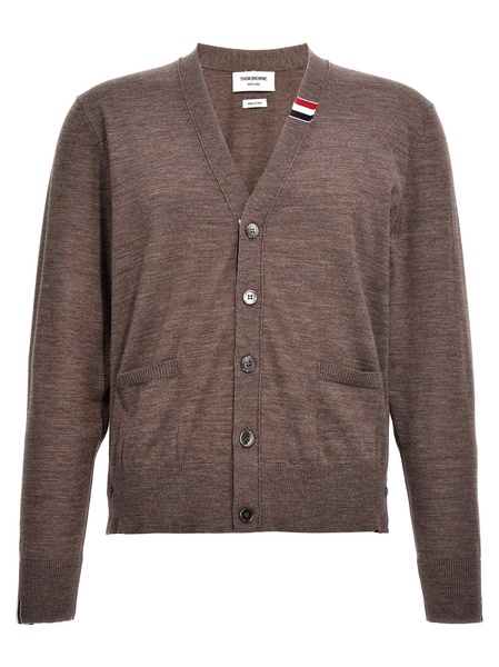 Thom Browne Man Melange Dove Grey Wool Blend Cardigan