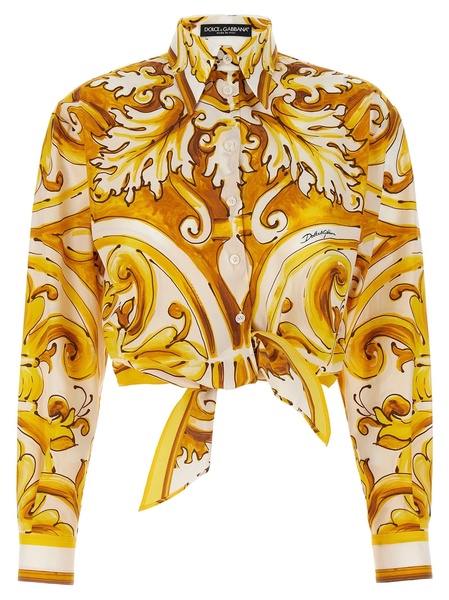 Yellow and White Crop Shirt with Majolica Print and Knot in Cotton Woman