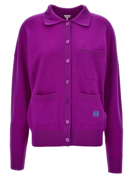 Logo Embroidery Cardigan Sweater, Cardigans Purple