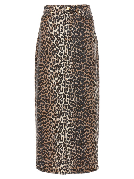 high-waisted leopard-print denim midi skirt