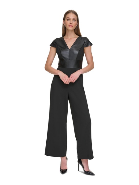 DKNY womens Short Sleeve Vneck Mix Media Jumpsuit