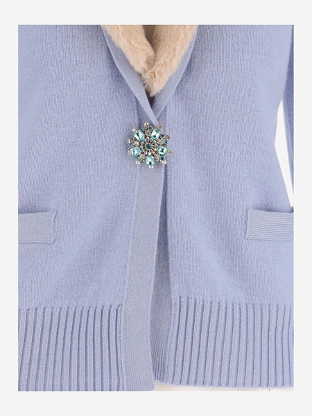 Blumarine Wool Blend Cardigan With Faux Fur Collar