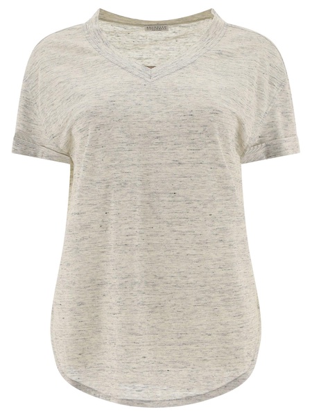 BRUNELLO CUCINELLI Off-White Silk and Linen T-Shirt with Monili Chain Detail