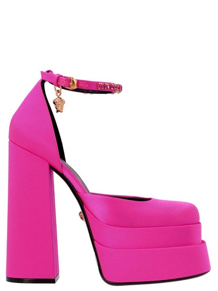 'Aevitas' Fuchsia Pumps with Medusa Charm and Platform in Silk Blend Woman