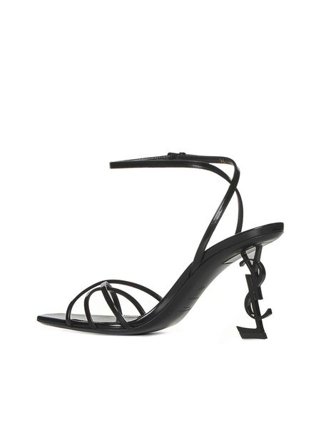 SAINT LAURENT Black Leather Sandals with Metallic Sculpture Heels and Adjustable Ankle Strap