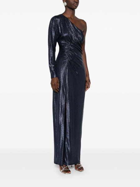 metallic one-shoulder gown