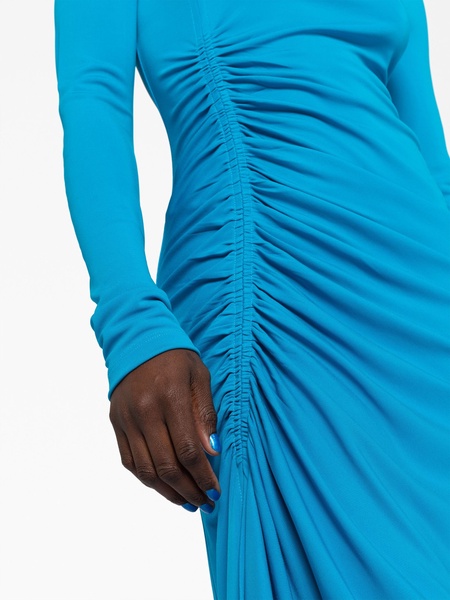 blue ruched midi dress