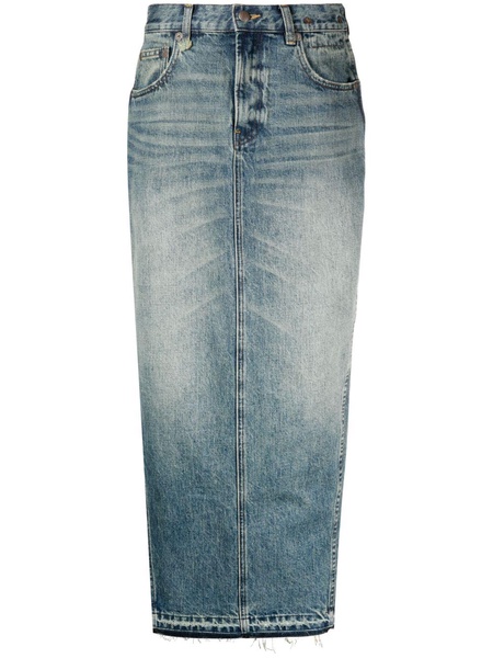 R13 Indigo Blue Washed Denim Midi Skirt