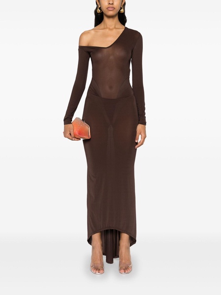 Brown Asymmetric Semi-Sheer Dress