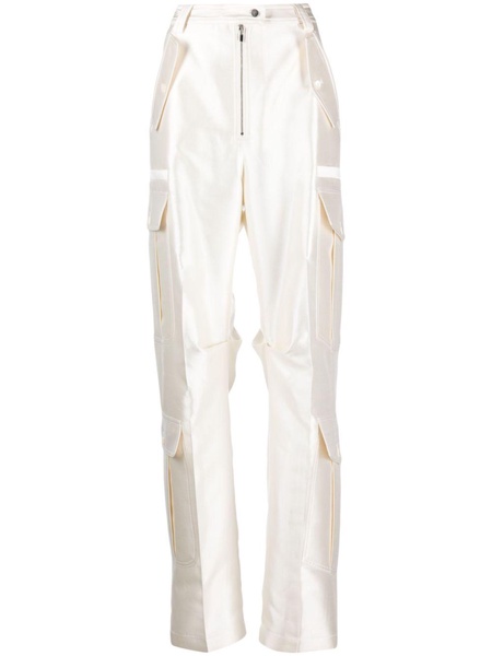 White Wide-Leg Satin Cargo Trousers