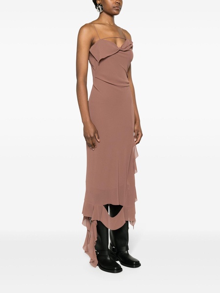 Brown ruffled-strap midi dress