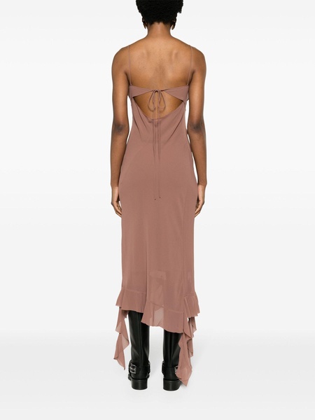 Brown ruffled-strap midi dress