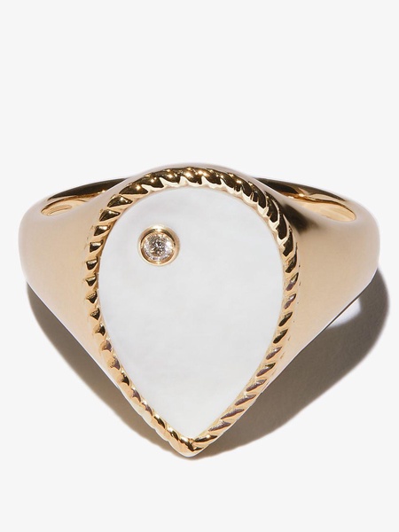 9K yellow gold Chevaliere poire pearl and diamond signet ring