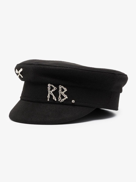 black embellished wool baker boy hat