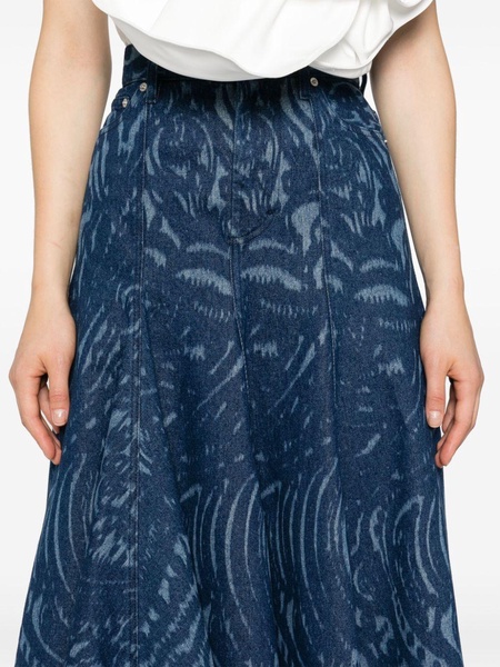 Printed Flare Denim Midi Skirt