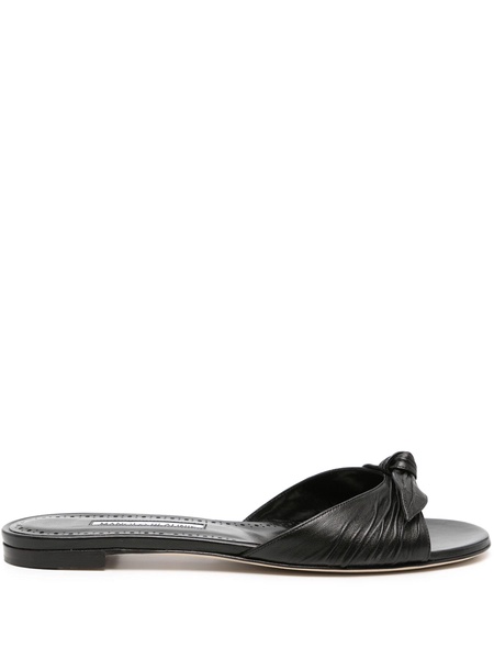 Black Knot Detail Leather Flat Sandals