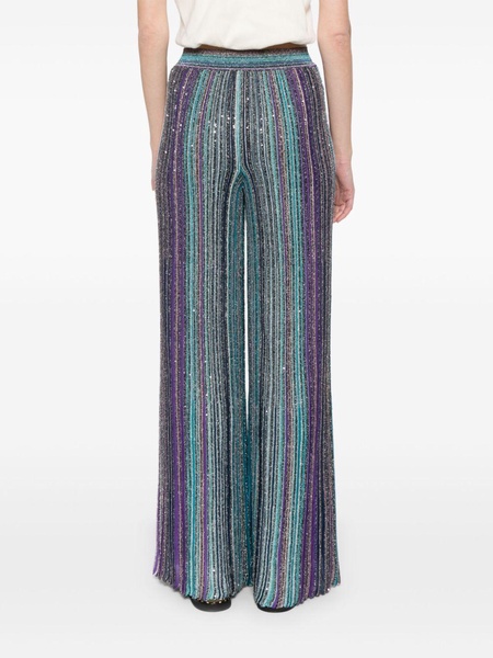 Blue Sequin-Embellished Striped Palazzo Pants