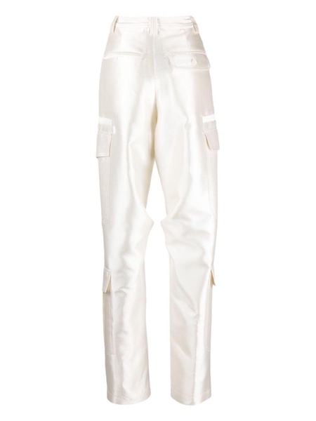 White Wide-Leg Satin Cargo Trousers