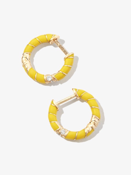 9K Yellow Gold Mini Torsade Enamel And Diamond Hoop Earrings