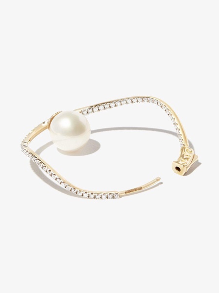 14K yellow gold Wave diamond pearl hoop earrings