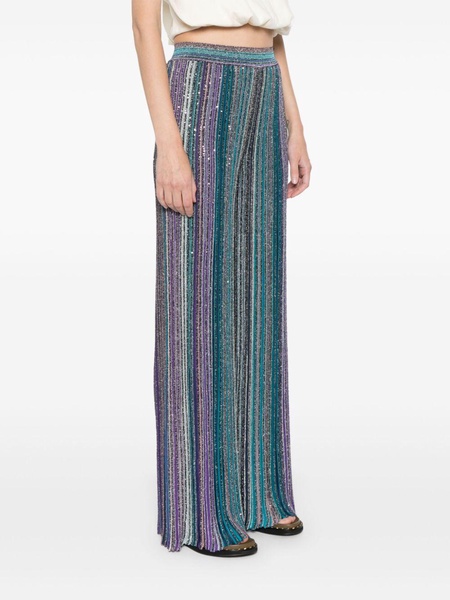 Blue Sequin-Embellished Striped Palazzo Pants