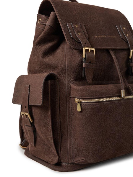 Brown Logo-Print Leather Backpack