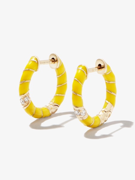 9K Yellow Gold Mini Torsade Enamel And Diamond Hoop Earrings