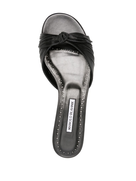 Black Knot Detail Leather Flat Sandals