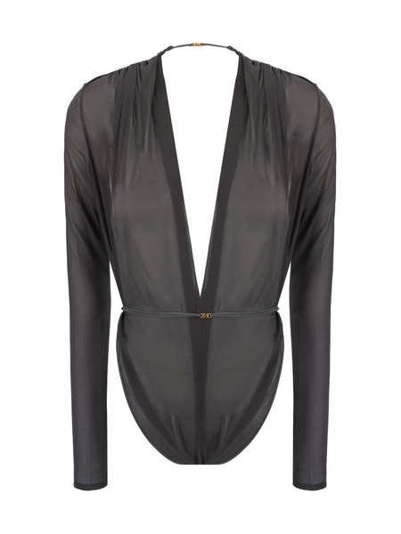 Saint Laurent Belted V-Neck Long-Sleeved Jumpsuit