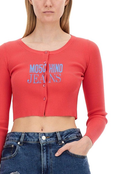 Moschino Jeans Logo Intarsia Knit Cropped Cardigan