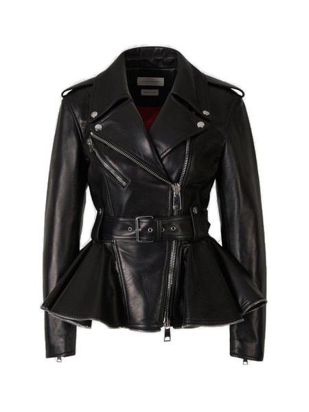 Black Biker Jacket With Peplum Hem And Belt In Smooth Leather Woman