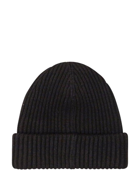 Black Fisherman Rib Beanie with Logo Patch in Wool Blend Woman