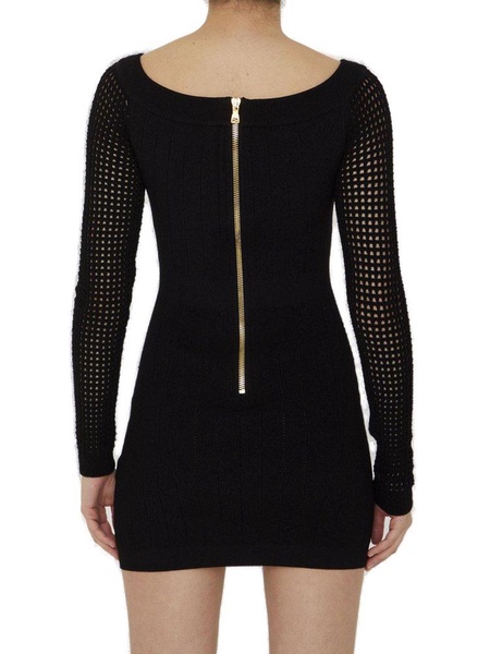 Balmain Off-The-Shoulder Mesh Knit Dress