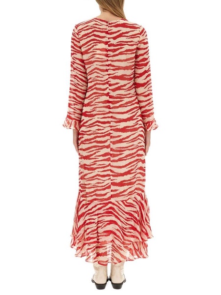 Ganni Tiger-Printed V-Neck Ruffled Maxi Dress